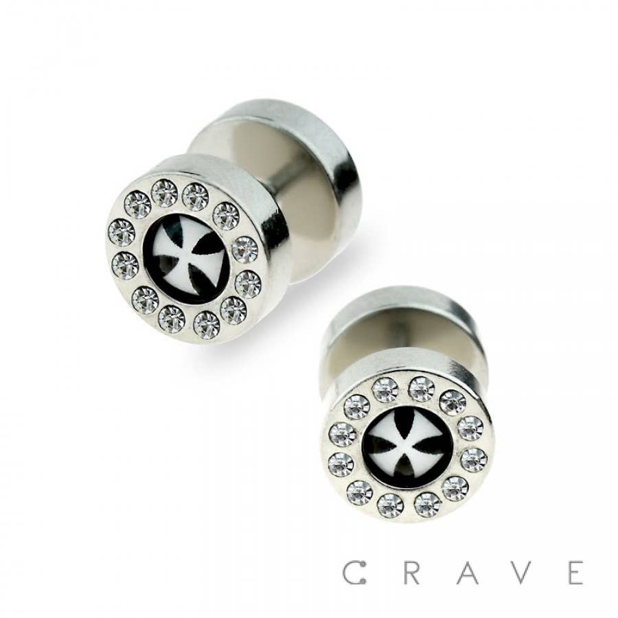 CRAVE - Wholesale Face/Body Chain - 316L SURGICAL STEEL "IRON CROSS" FAKE PLUG W/ GEM RIM0