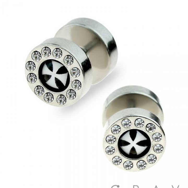 CRAVE - Wholesale Face/Body Chain - 316L SURGICAL STEEL "IRON CROSS" FAKE PLUG W/ GEM RIM0