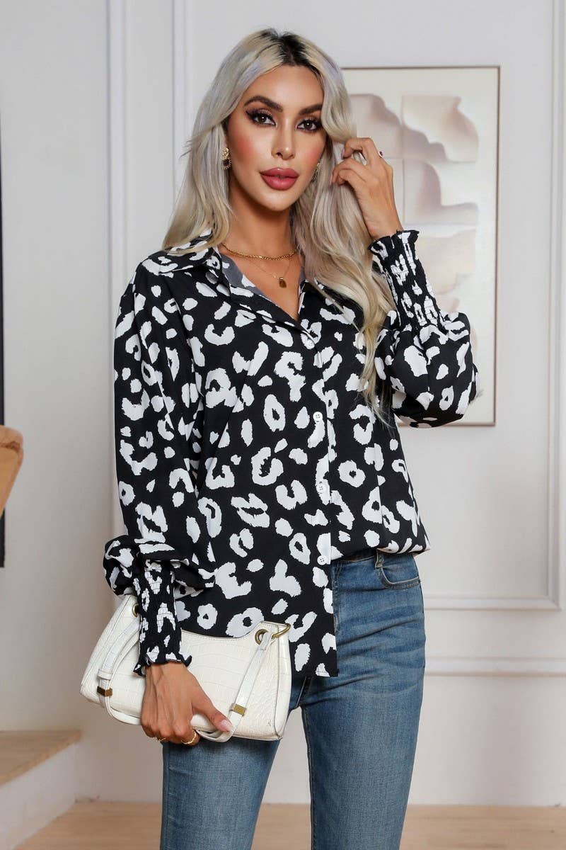 Black CWTBLL0701_Button Down Casual Long Sleeve Print Top for wholesale on Faire0