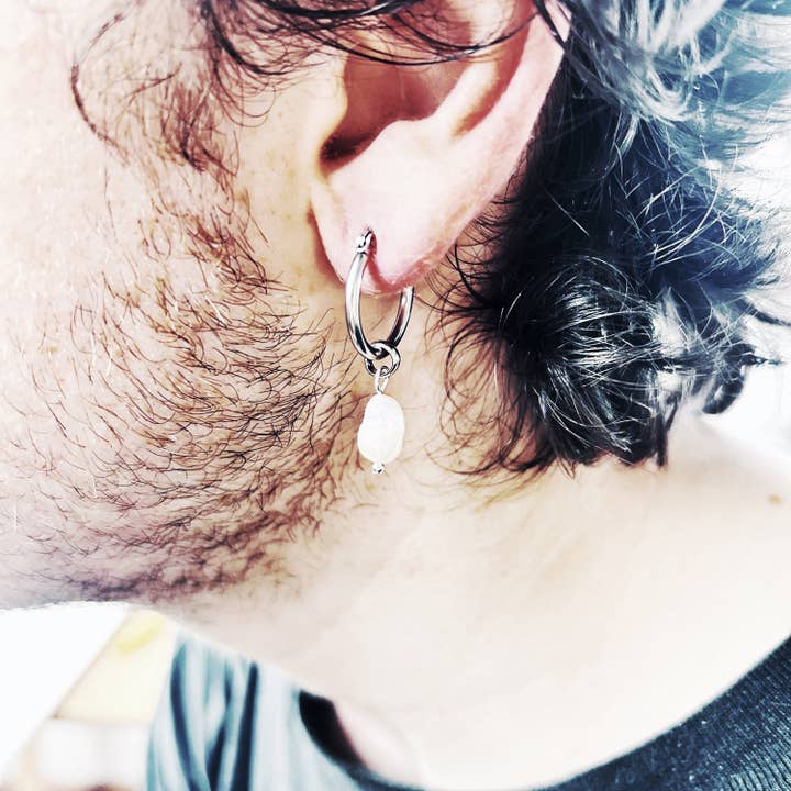 Black Lamb Design - Wholesale Single earring - Men's Freshwater Pearl Hoop Earring with Charm Dangle2