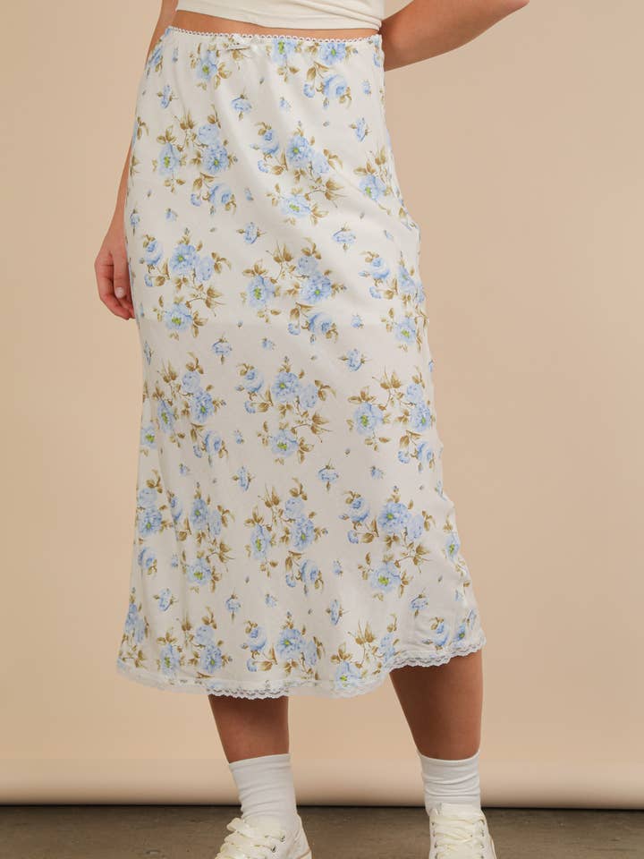 NS50142-Floral Printed Lace Trim Woven Midi Skirt for wholesale by VERY J