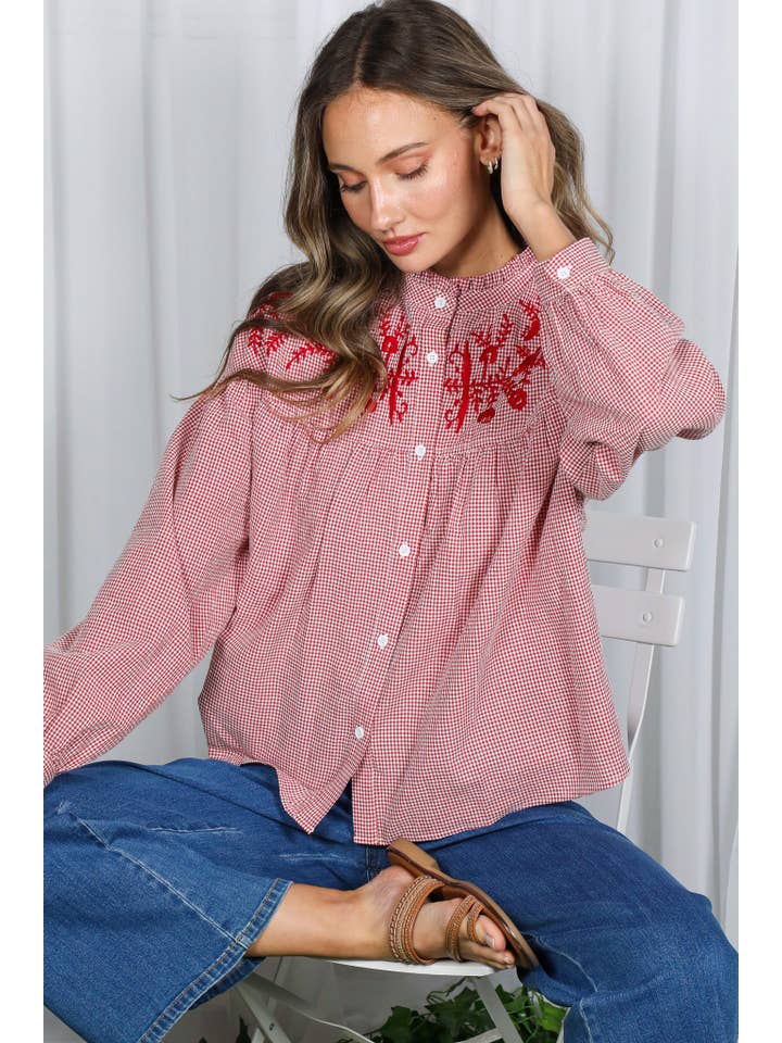Vine & Love - Wholesale Buttoned-down shirt – Women's - Ruffle Neck Floral Embroidered Gingham Blouse VT8286111