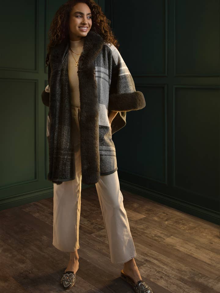 Faux Fur Kimono Plaid for wholesale by SAACHI