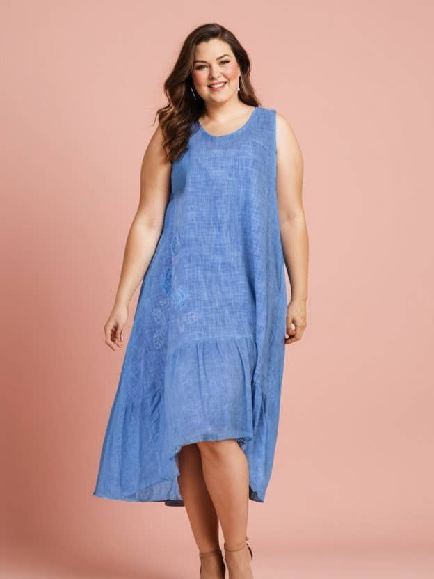 Plus size dress with floral embroidery (C8015/BLUE) for wholesale by Pomme Rouge Paris