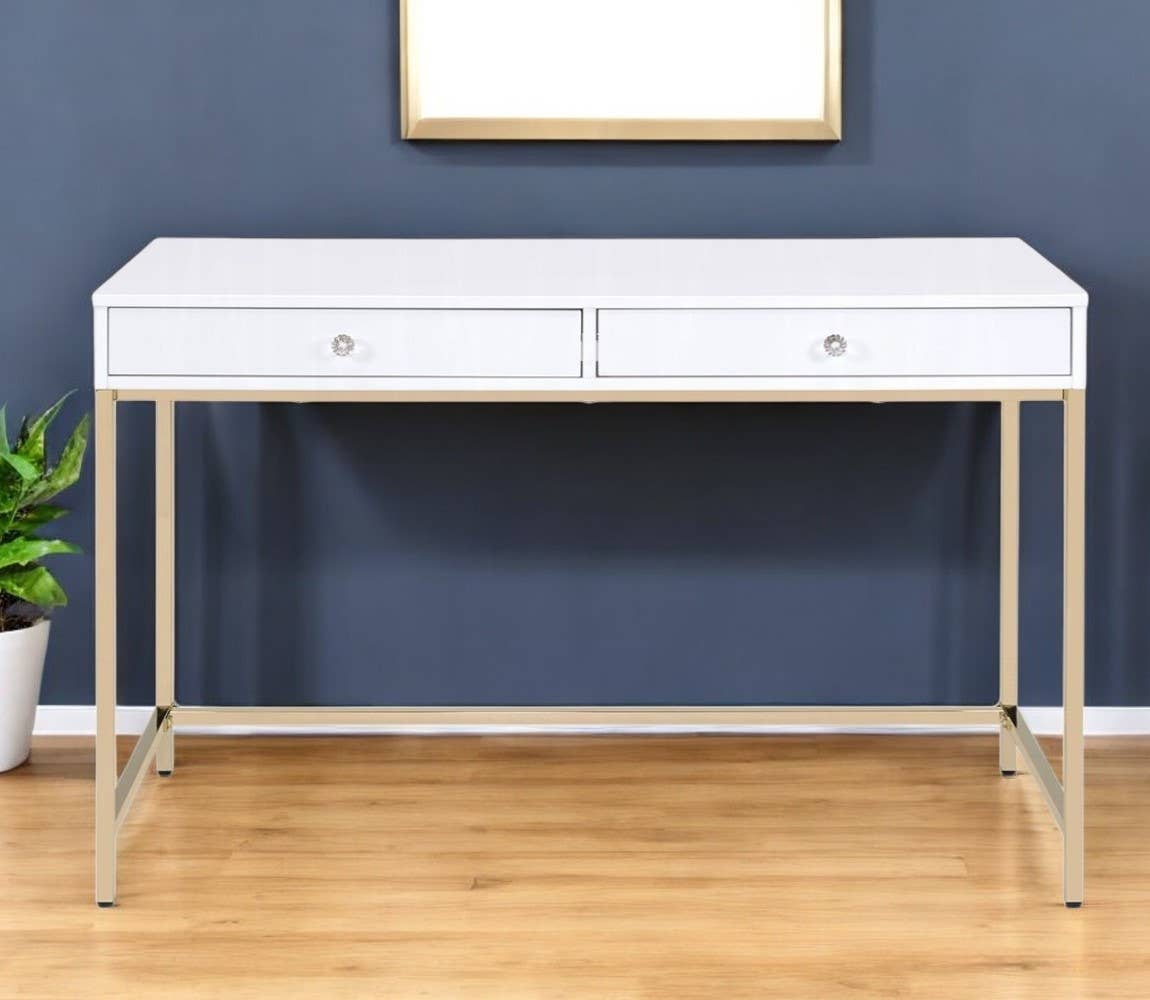 HomeRoots - Wholesale Console Table - 47" White And Gold Wood and Steel Vanity Table With Drawers0