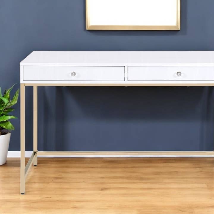 HomeRoots - Wholesale Console Table - 47" White And Gold Wood and Steel Vanity Table With Drawers0