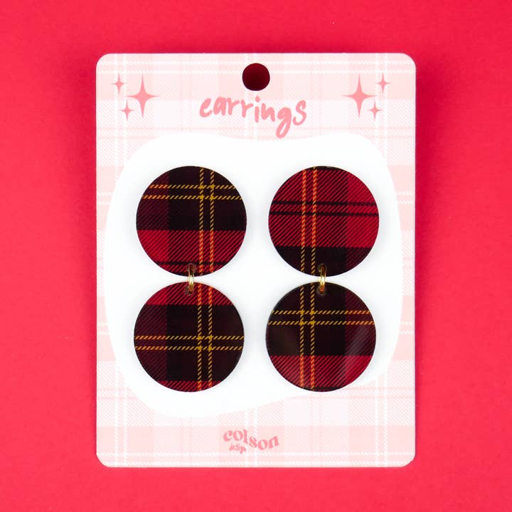 Round Drop Acrylic Earrings - Red Tartan Pattern for wholesale by ColsonDesign