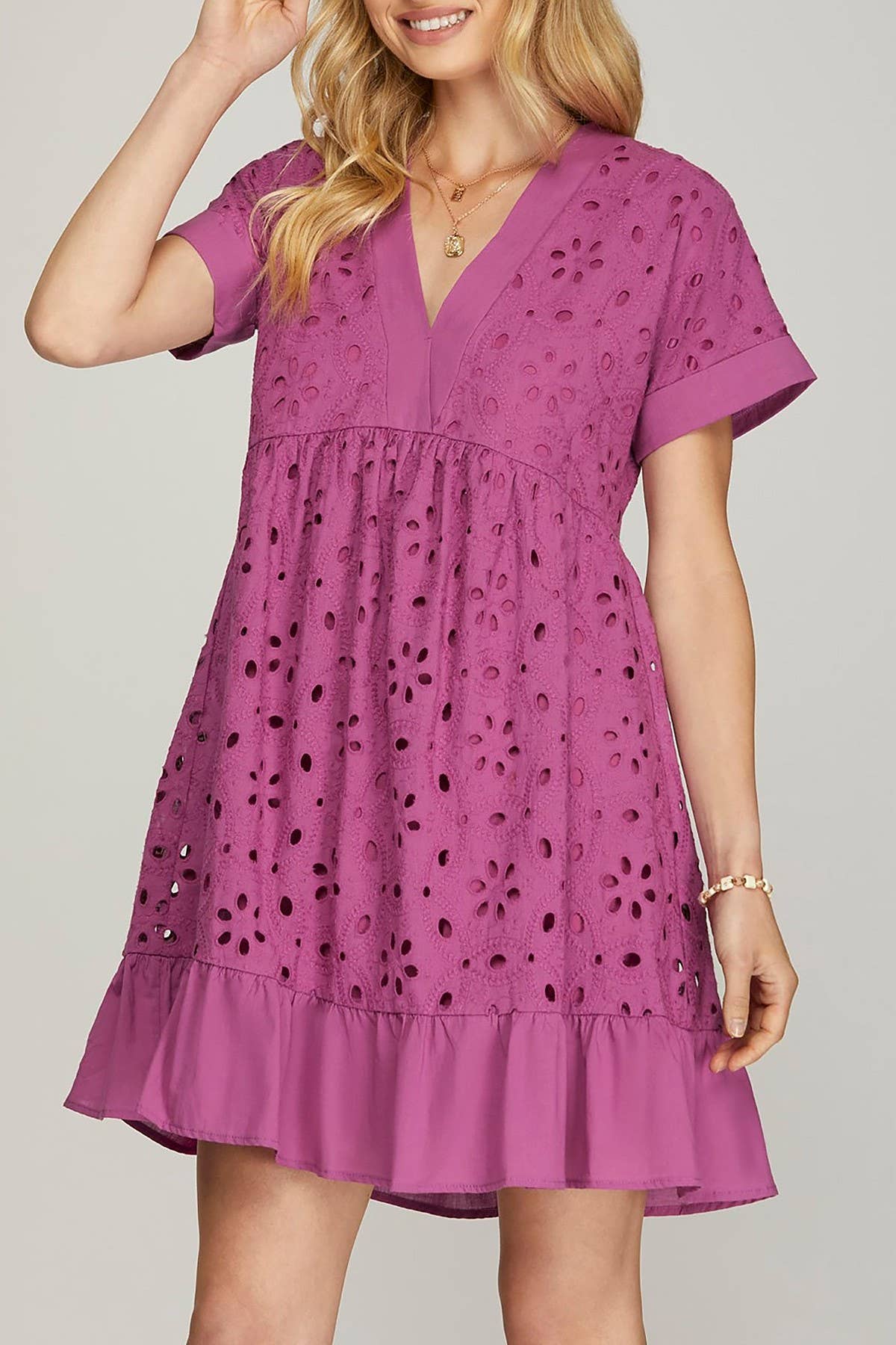 MAGENTA EMBROIDERED DROP SHOULDER V NECK FLARE DRESS for wholesale on Faire0