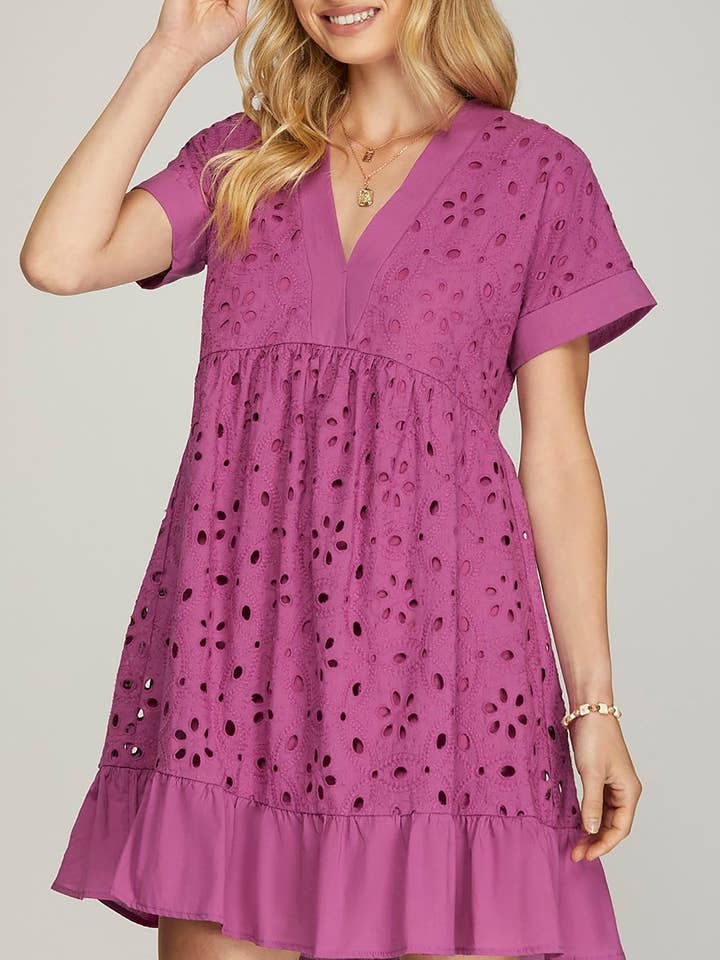 MAGENTA EMBROIDERED DROP SHOULDER V NECK FLARE DRESS for wholesale on Faire0