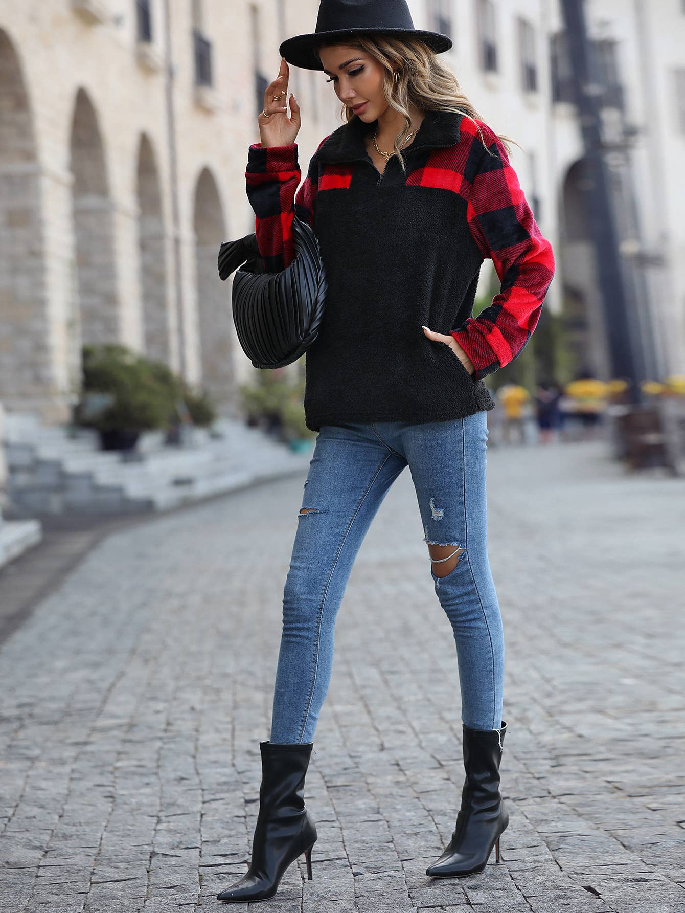 Noir Sweat-shirts en polaire zippés à carreaux Buffalo SR005 en vente sur Faire3