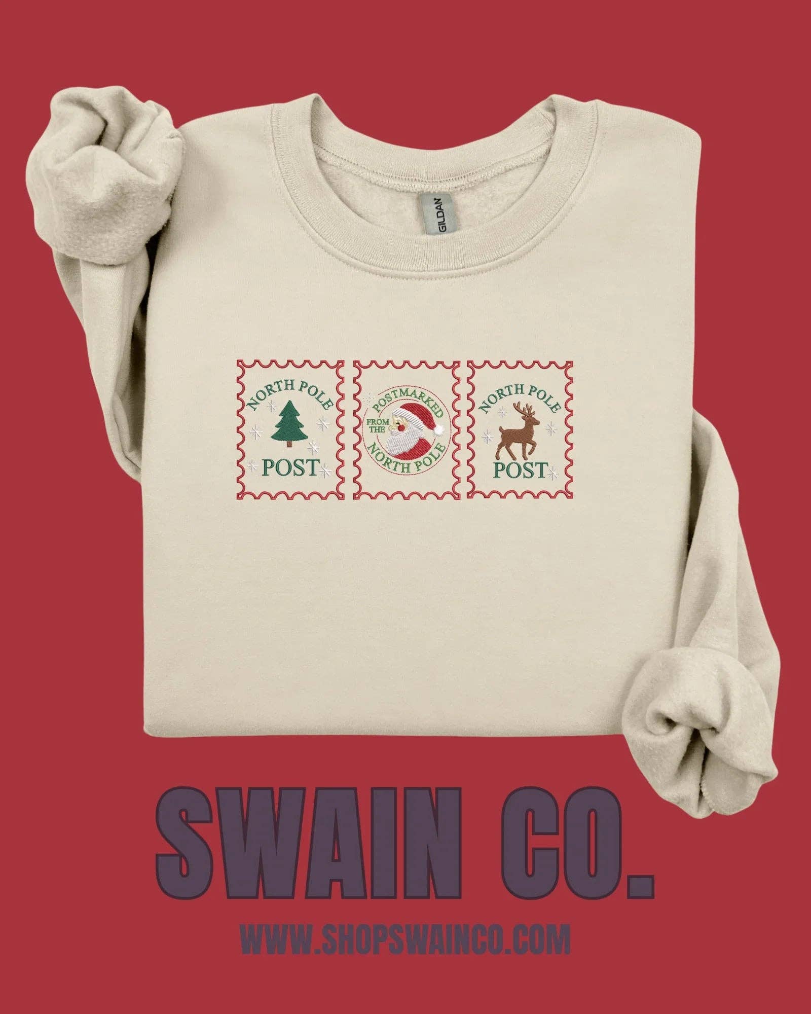 Swain Co. Embroidery & Press - Wholesale Sweatshirt - Women's - Christmas Rustic Stamp Embroidered Sweatshirt | Vintage Holiday Crewneck | Cozy Christmas Sweatshirt | Farmhouse Christmas Gift | Embroidered Crewneck1