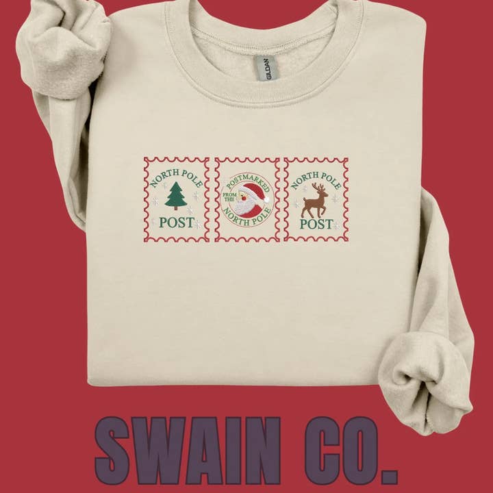 Swain Co. Embroidery & Press - Wholesale Sweatshirt - Women's - Christmas Rustic Stamp Embroidered Sweatshirt | Vintage Holiday Crewneck | Cozy Christmas Sweatshirt | Farmhouse Christmas Gift | Embroidered Crewneck1