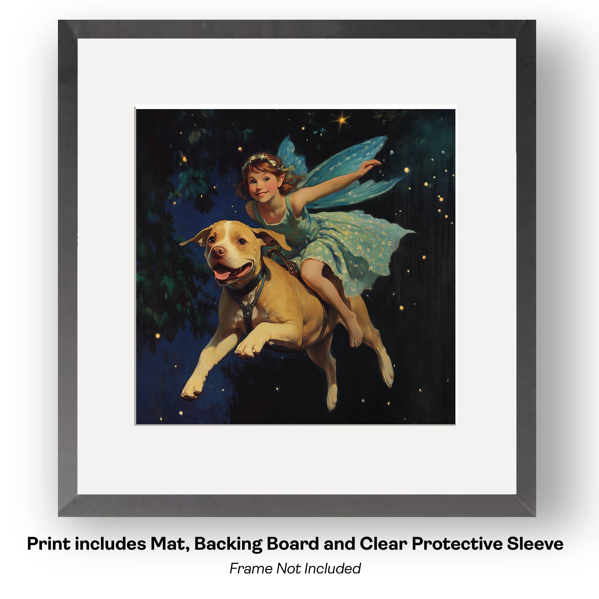 Mowbi – wholesale Art print – Fairy Riding a Hummingbird -  Fairy Art Prints – 8″x8″ Artwork in 12″x12″ Mat10