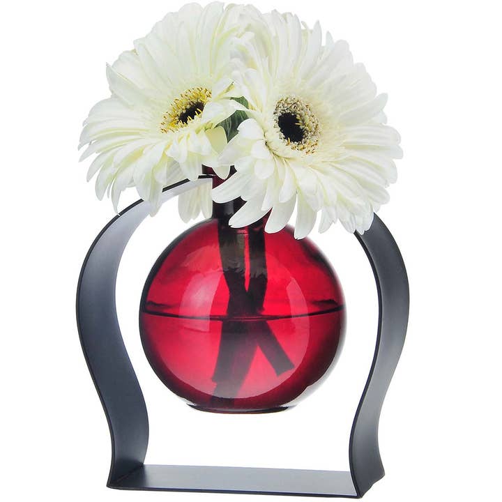 Couronne Co. - Wholesale Vase - Ball Recycled Glass Vase & Arched Metal Stand Red