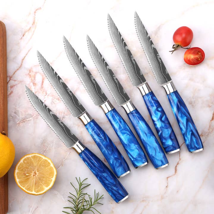 Senken Knives - Vendita all'ingrosso Set di coltelli - Set di coltelli da bistecca professionali - motivo damasco+resina blu
