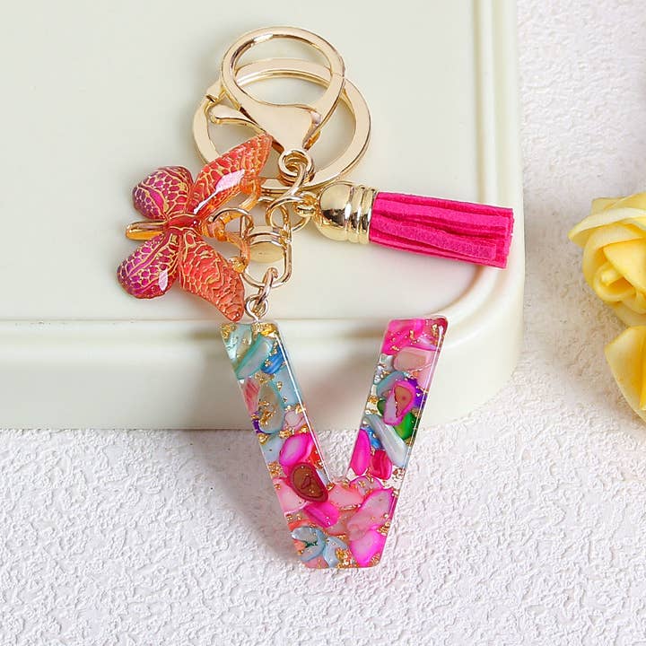 MKS America - Wholesale Keychain - Women's - Glitter Butterfly 26 English Letter Tassel Resin Keychain21