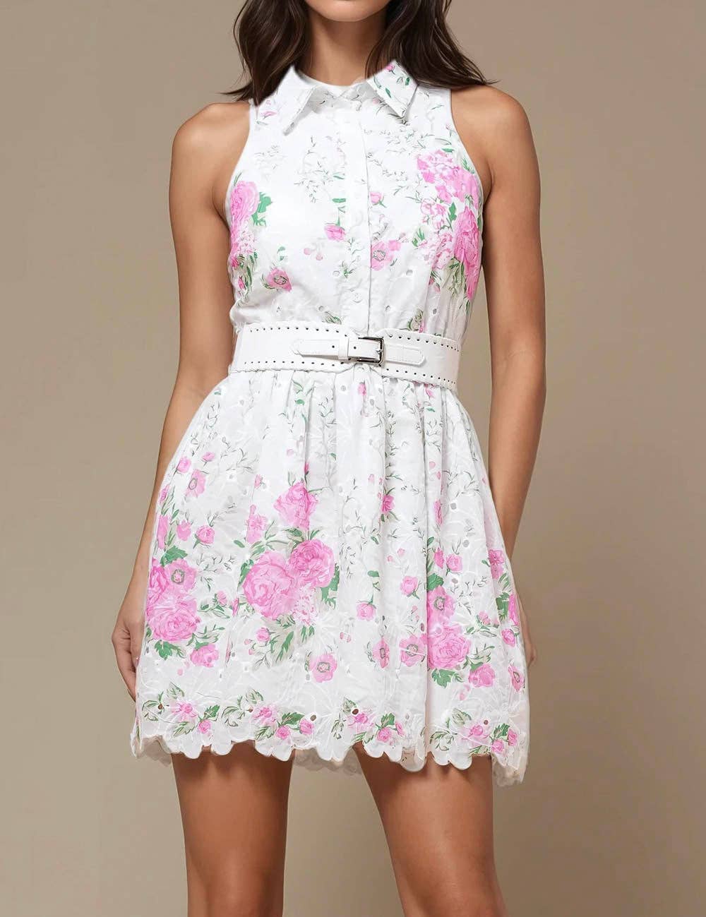 White Ladies Sleeveless Floral Print Mini Dress SKD51180 for wholesale on Faire1