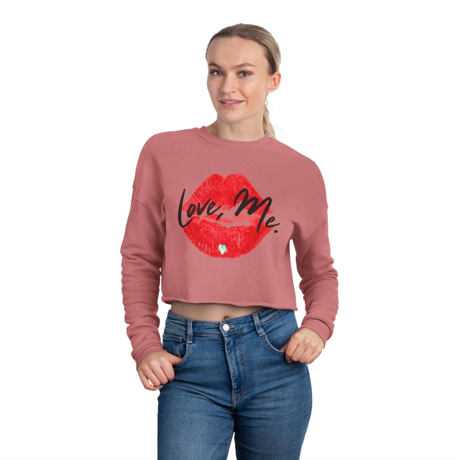 Ohhh So Swag - Wholesale Graphic Sweatshirt - Women's - Red Kiss Lips, Green Heart Long Sleeve Cropped Sweater | US9