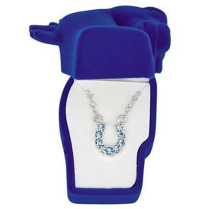 Western Express - Wholesale Pendant/charm necklace - Blue Rhinestone Horseshoe Necklace in Pony Head Gift Box