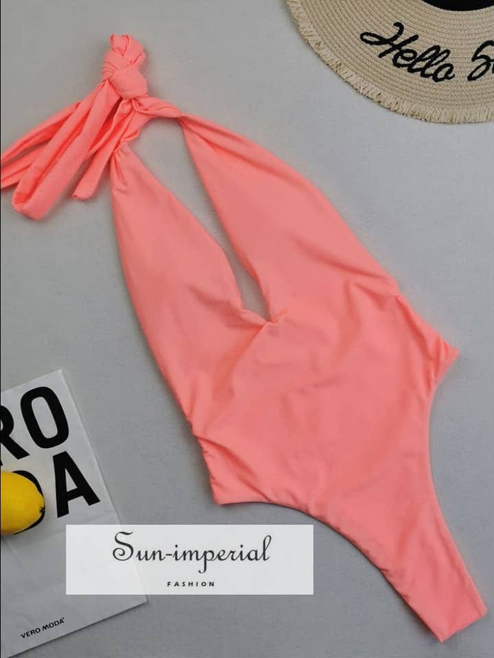 Women Peach Deep V One Piece X back Wrap around Swimsuit for wholesale by Sun Imperial