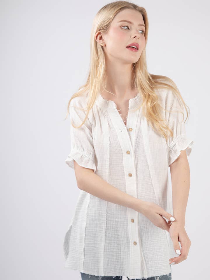VERY J - Wholesale Button Down Shirt - Women's - NT11453-Puff Sleeve Cotton Gauze Shirts Blouse Top