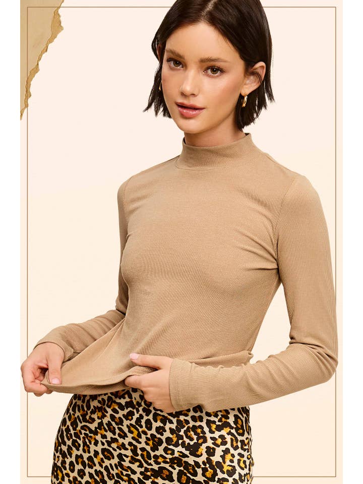 La Miel - Wholesale Gebreide top - Dames - MCT7699-Elastische geribbelde basistop met lange mouwen en ronde hals14