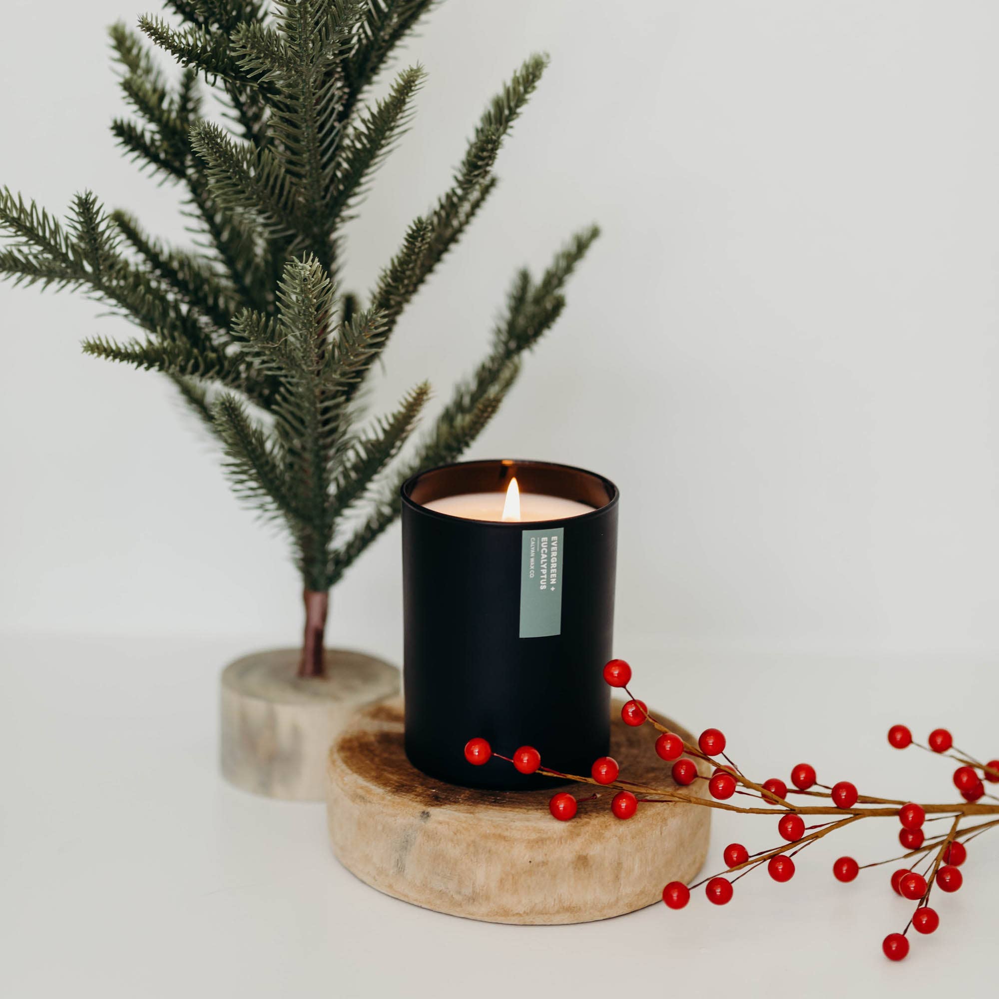 Calyan Wax Co. – Großhandel Kerze im Glas / gefüllte Kerze – Evergreen + Eucalyptus - Mattschwarzer Becher mit Sojakerze4