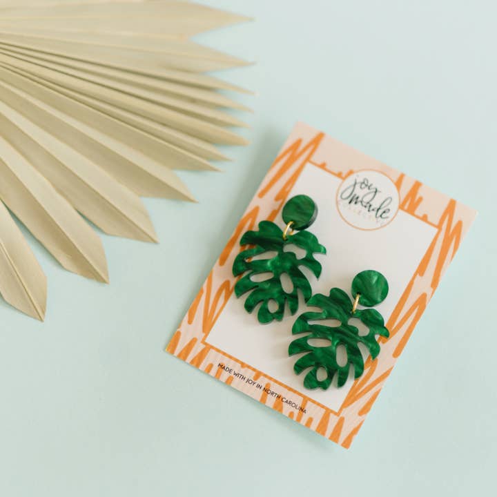 Grace Monstera Leaf Dangle Earring | Dark Green Pearl for wholesale by Joy Made Collective
