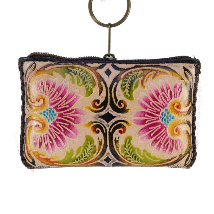 Cp387-15 Handgefertigtes rechteckiges Leder-Münzetui mit Blume für den Großhandel von Sunflower Handmade leather inc