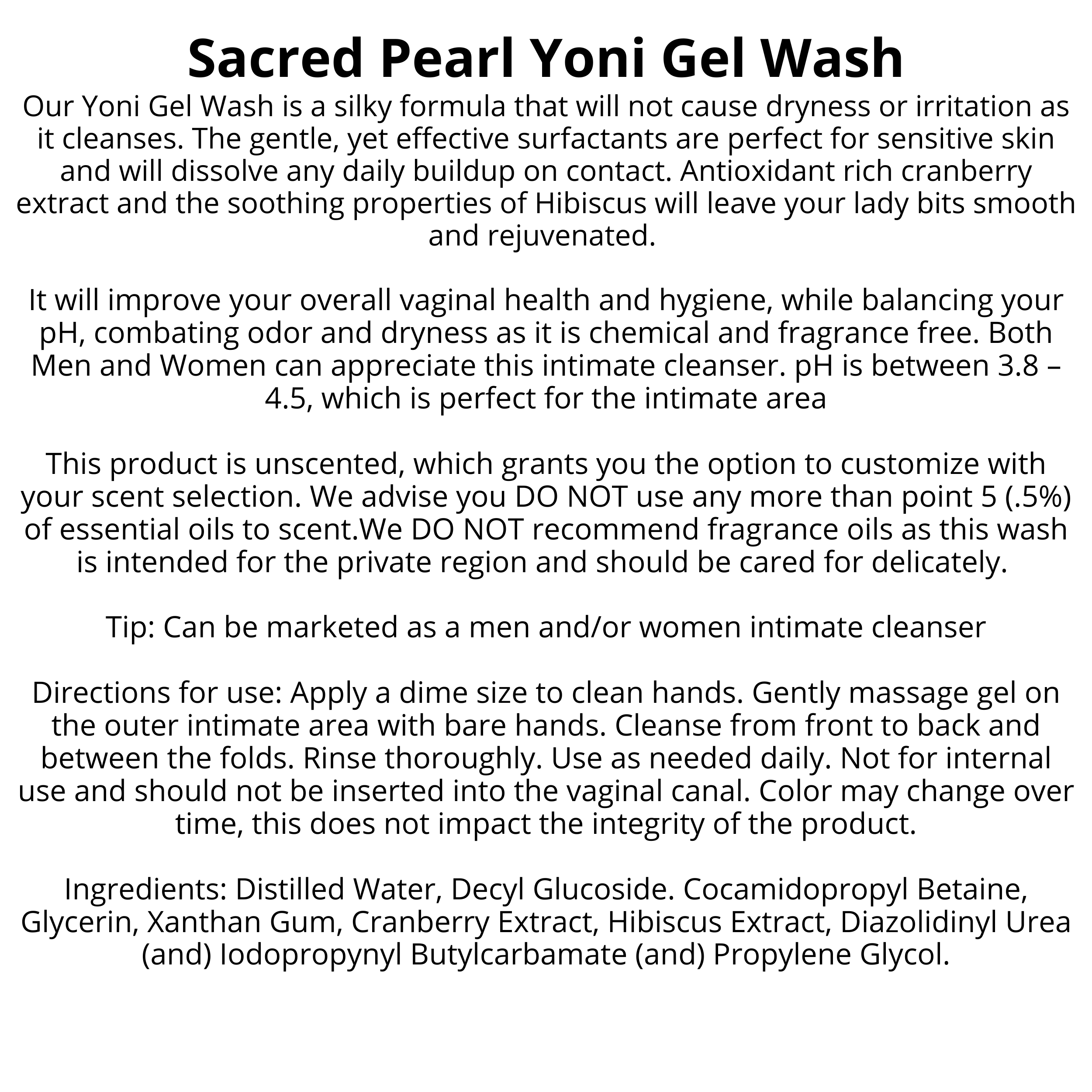 R. Drew Naturals, LLC - Wholesale Intieme reinigingsdoekjes - Bulkverpakking Sacred Pearl Yoni Gel Wash - Retailverpakkingen en labels1