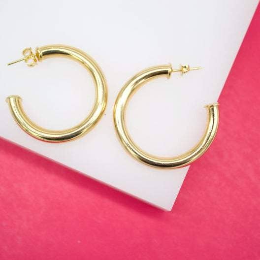 18K Gold Filled 5mm Thick Open Hoop Stud Hoops Earrings (J53-54) for wholesale by MIA Jewelry