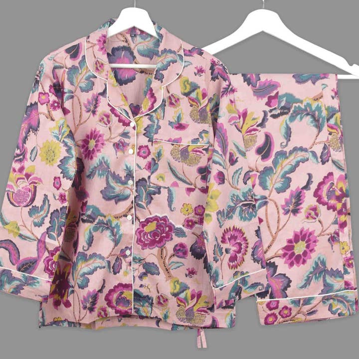 Long Cotton PJ Set With Pouch - Peach Tropical Floral for wholesale by Kantha Decor