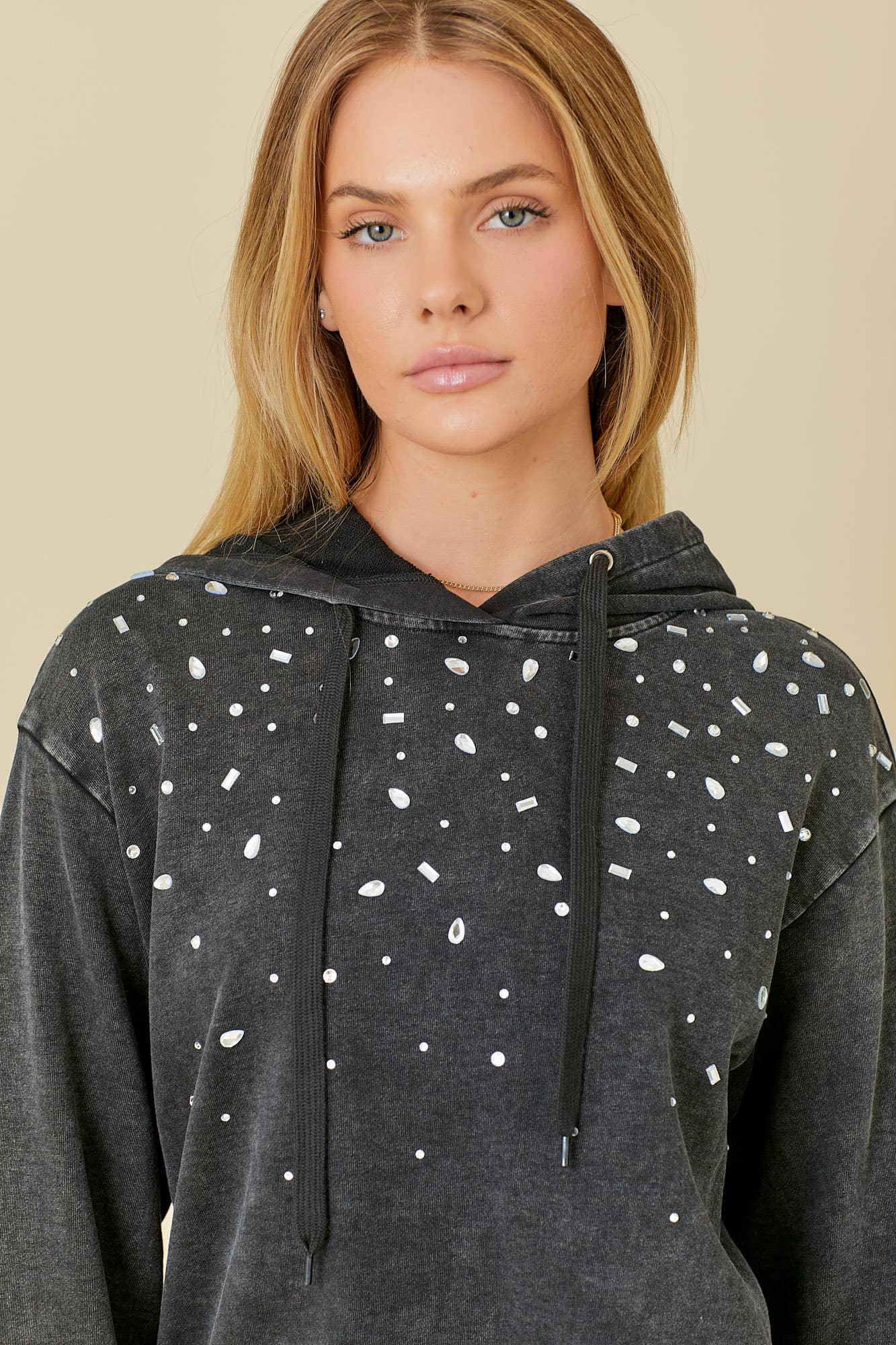 BLACK Washed Hoodie With All Over Rhinestone Detail for wholesale on Faire15