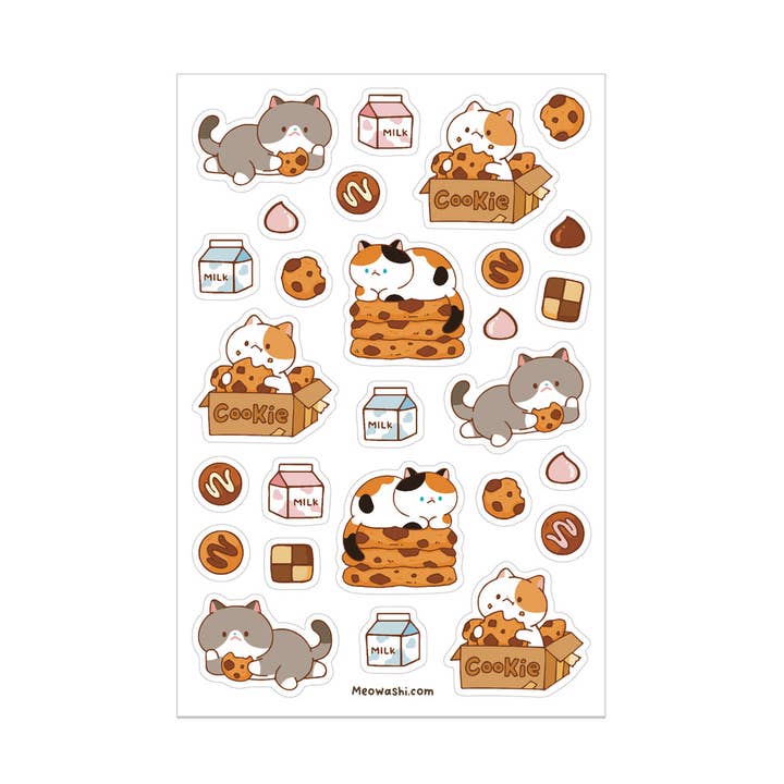 Cat and Cookies Clear Sticker Sheet for wholesale by Meowashi Studio