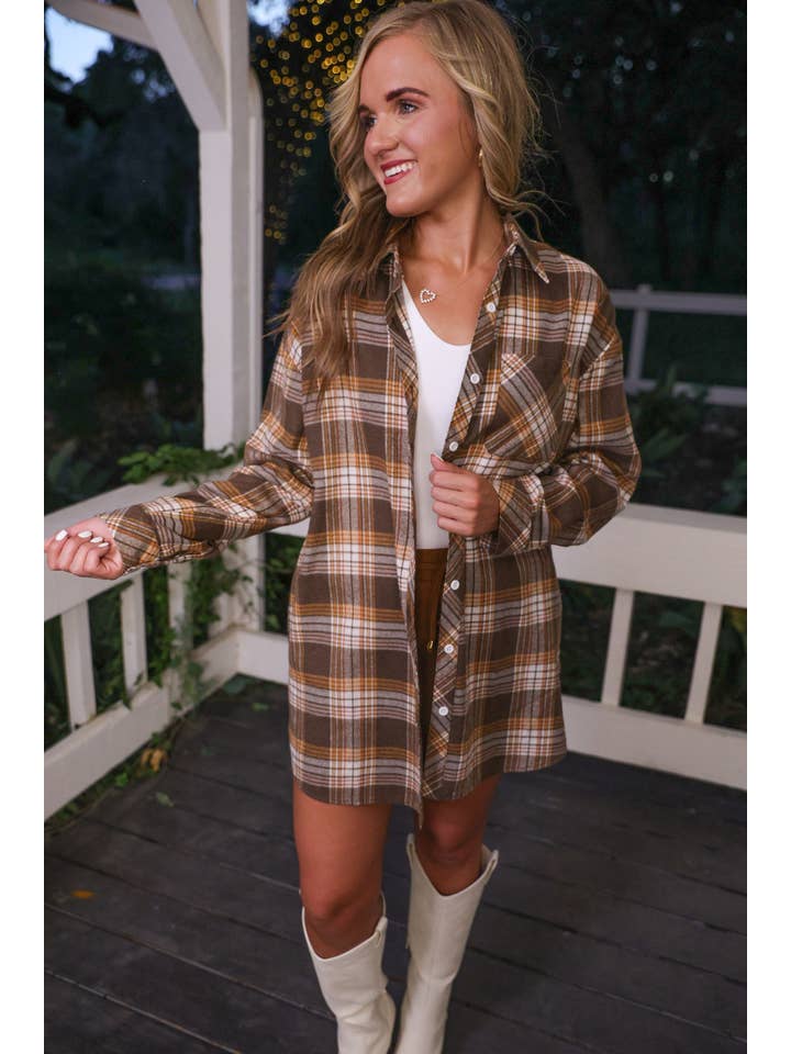 Lola Flannel Tunic Top- Brown for wholesale on Faire4