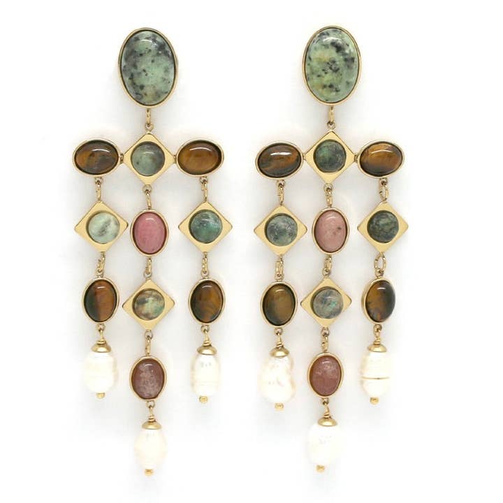 African Turquoise Pearl Mix Chandelier Earrings - E4-358 for wholesale by LIZOU