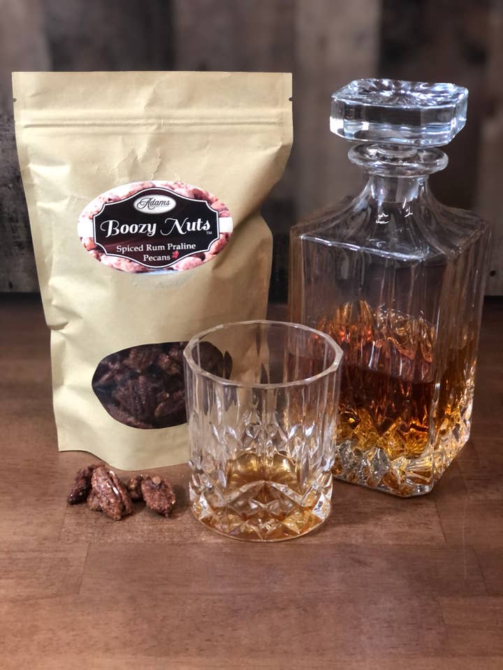 Spiced Rum Praline Pecans • Boozy Nuts™ 8 oz for wholesale by Adams Chocolate Factory & Boozy Nuts