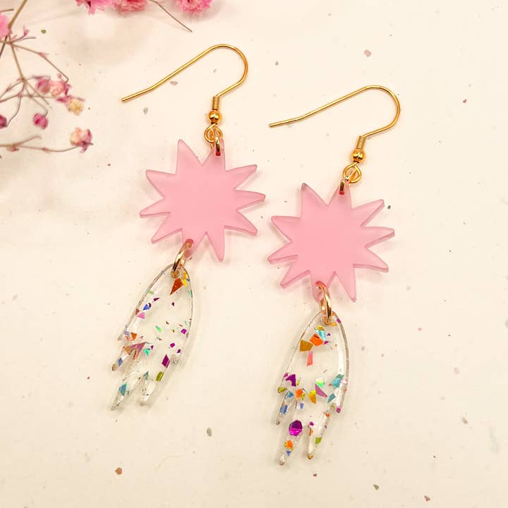 (Pink/Glitter) Shooting Star Charm Acrylic Earrings for wholesale by Hoity Toity Goods