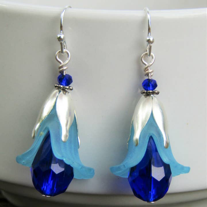 Bad Apple Designs - Wholesale Dangle Earrings - Handmade Blue Lily Earrings: Lucite Crystal Teardrop Dangle1