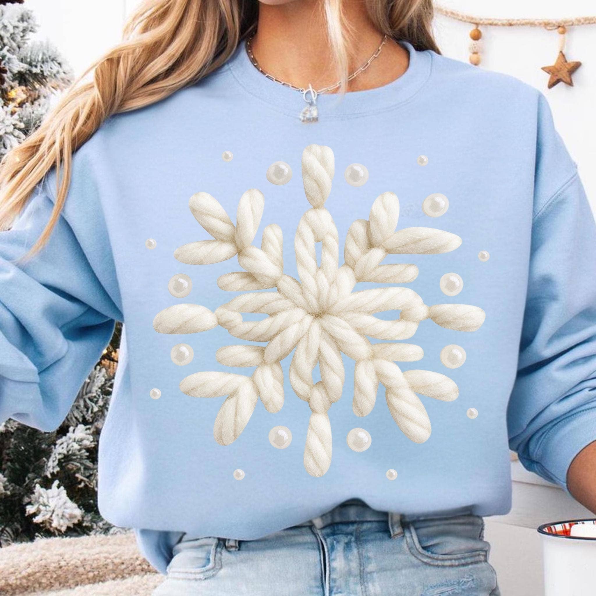 NVC Ecommerce LLC – T-shirt gráfica - Mulher por atacado – Camisola de Floco de Neve de Croché com Fio Falso, Camisola de Natal Fofa1