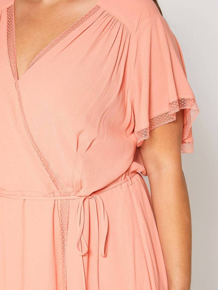 Robin K - Wholesale Dress - Women's - Nurode's Plus Size Lace Trim Wrap Dress in Coral5