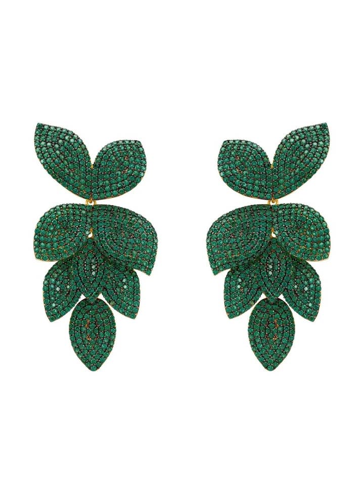 Brincos Flor em Cascata de Petal Dourado Verde Esmeralda por atacado de Latelita