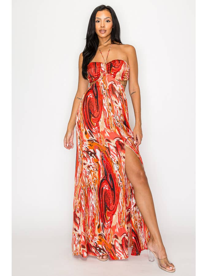 RUST PRINTED SATIN SMOCKED CHEST SLIT FRT MAXI DRESS DM2720 for wholesale on Faire
