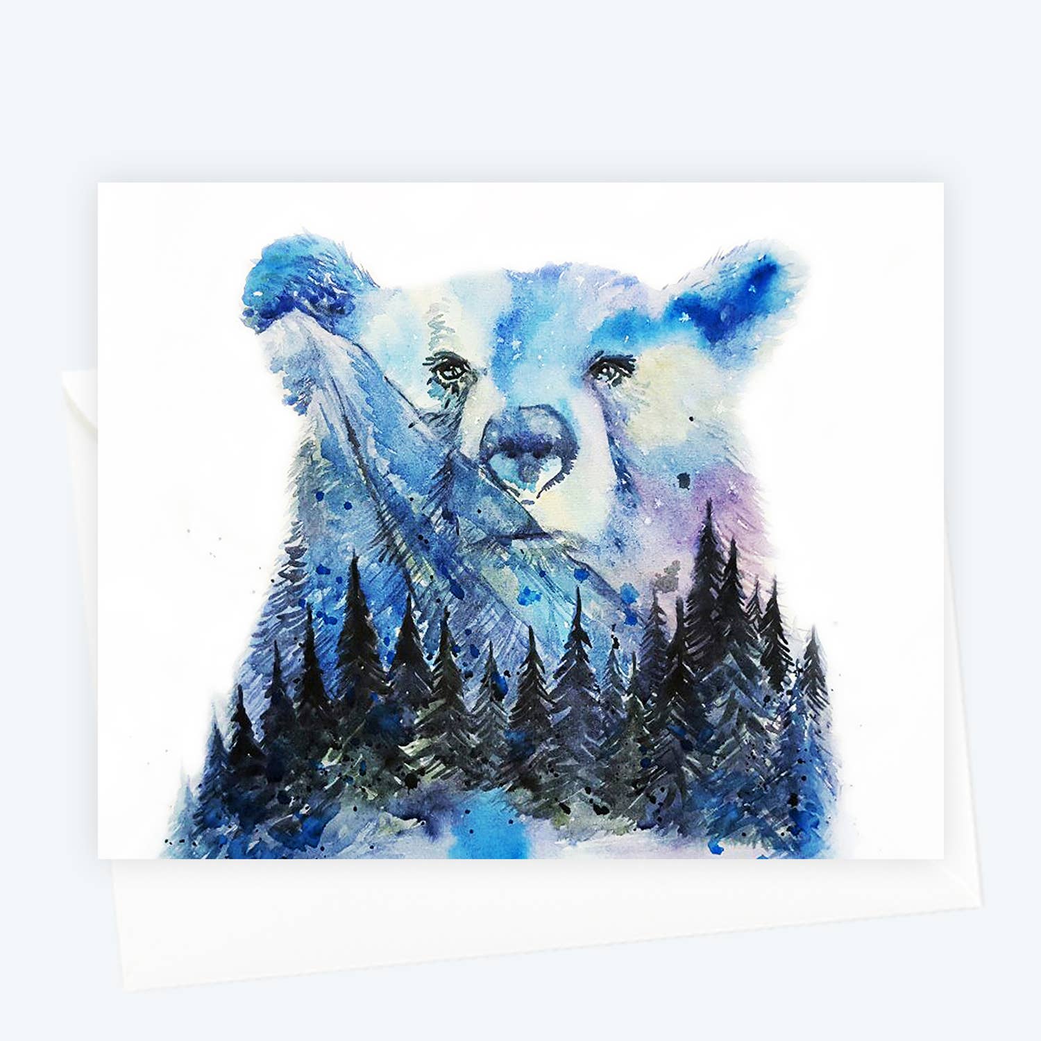 Elena Markelova Arts - Wholesale Everyday Greeting Card - Aurora Bear Northern Lights Night Sky Watercolor Art Card1