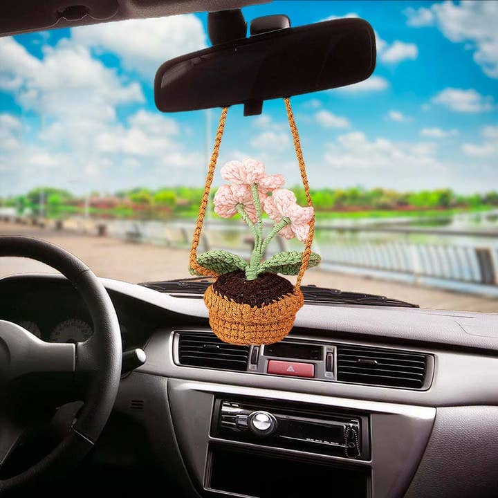 Anh2 LTD – wholesale Dekorativ berlock för bil – Unisex – Virka Forget Me Not Flower Plant Korg Bilspegel Hängande