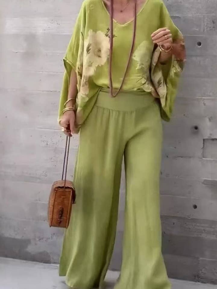 NINEXIS - Wholesale Top & Pant Set (NOT Loungewear) - Women's - CWSTB2000_V-NECK FLORAL COTTON LINEN TOP & PANTS SET1