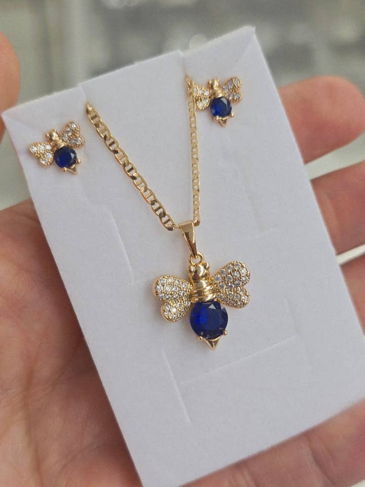 Set Bee Gold Filled 14K set de abejas de colores aretes y cadena necklace and earrings for wholesale by Fui fui jewelry llc