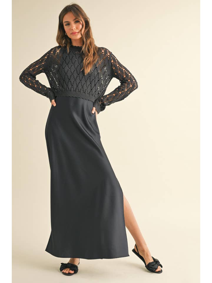 MIOU MUSE - Wholesale Dress - Women's - D4205   SATIN SLIP DRESS WITH CROCHET KNITTED TOP13