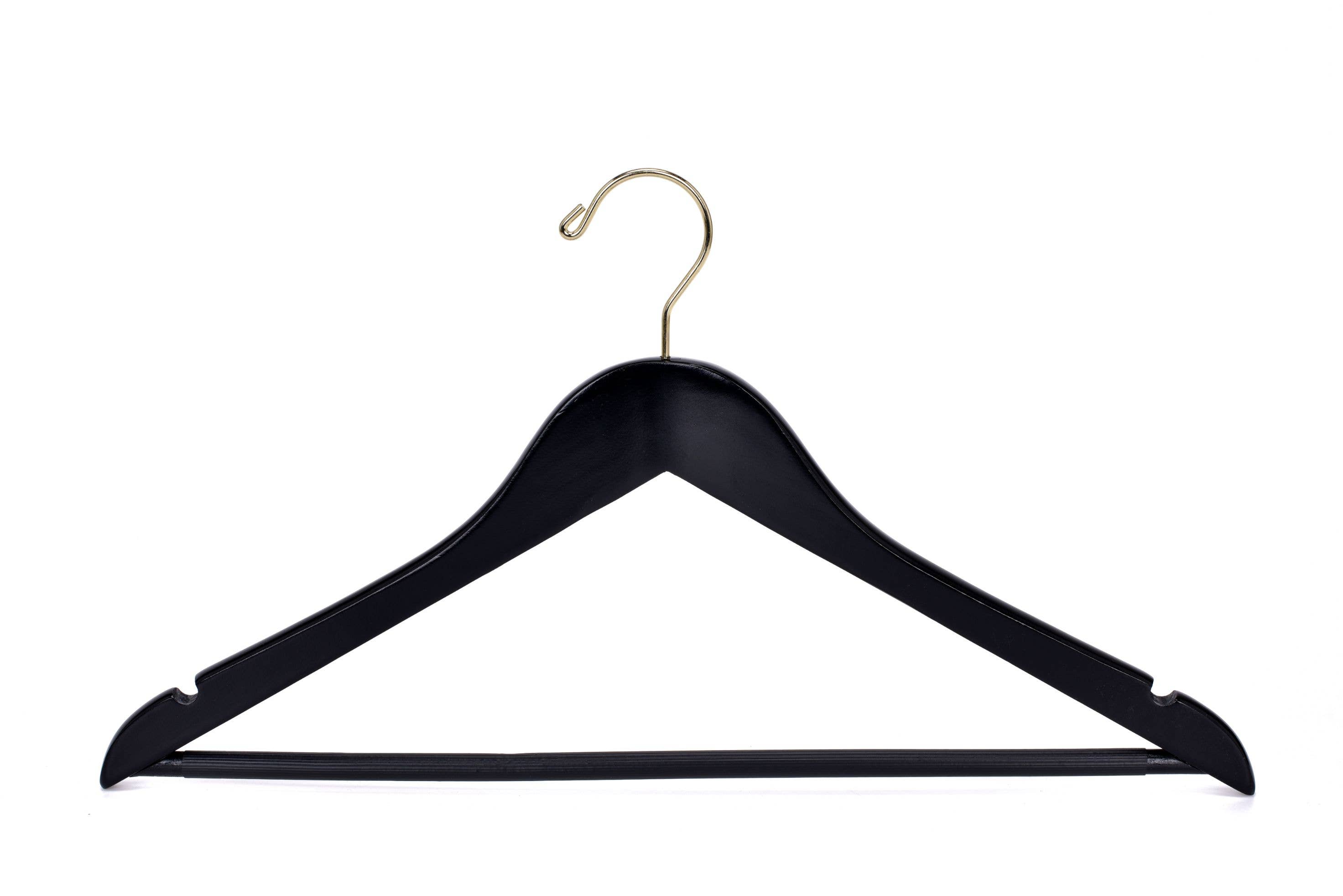 Quality Hangers - Wholesale Clothes Hangers - W070 Semi Curved Wooden Hangers, 17.5" -Black/Gold Hook - 8010