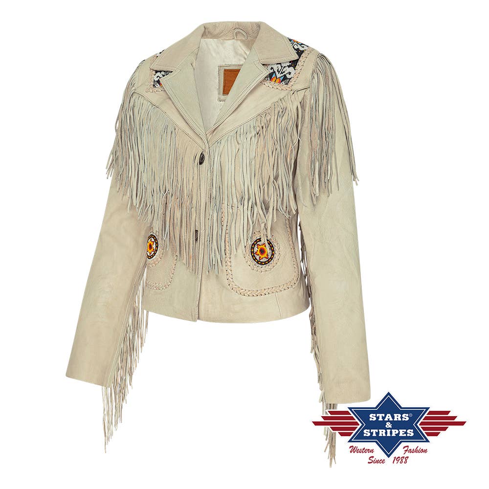 Stars & Stripes® – wholesale Motorcykeljacka - Dam – Westernläderjacka Kiana med fransar och pärldekoration1